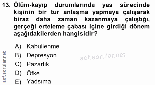 13. soru: Ölüm-kayıp durumlarında yas sürecinde kişinin bir tür anlaşma yapmaya çalışarak biraz daha zaman kazanmaya çalıştığı,…