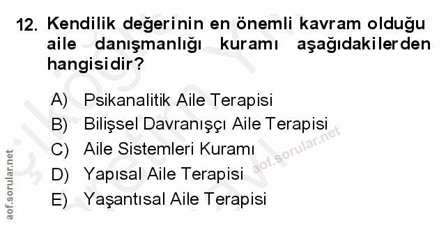 12. soru: Kendilik değerinin en önemli kavram olduğu aile danışmanlığı _kuramı aşağıdakilerden hangisidir? A) Psikanalitik Aile…