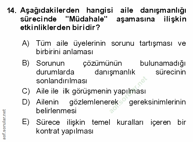 14. soru: Aşağıdakilerden hangisi aile danışmanlığı sürecinde "Müdahale" aşamasına ilişkin etkinliklerden biridir? A) Tüm aile…
