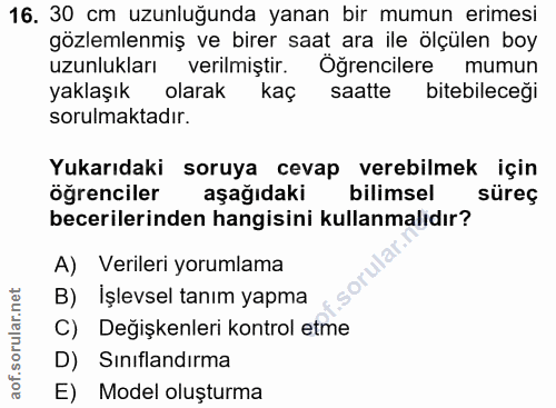 16. soru: 30 cm uzunluğunda yanan bir mumun erimesi gözlemlenmiş ve birer saat ara ile ölçülen boy uzunlukları verilmiştir. Öğr…