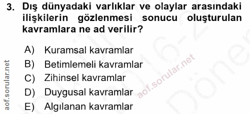 3. soru: Dış dünyadaki varlıklar ve olaylar arasındaki ilişkilerin gözlenmesi sonucu oluşturulan kavramlara ne ad verilir? A)…
