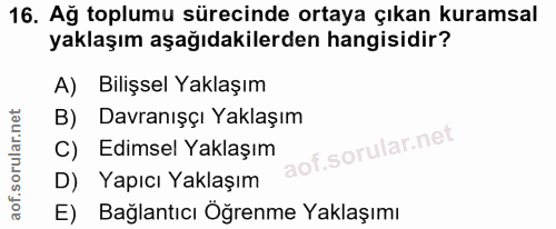 16. soru: Ağ toplumu sürecinde ortaya çıkan kuramsal yaklaşım aşağıdakilerden hangisidir? A) Bilişsel Yaklaşım B) Davranışçı Ya…