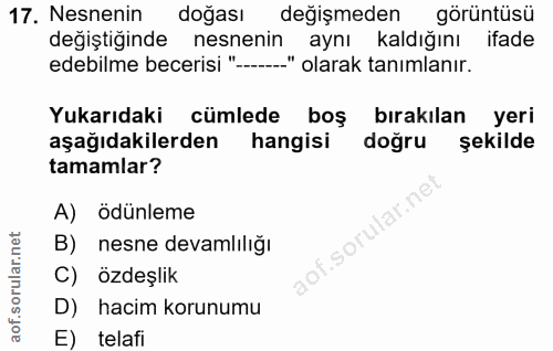 17. soru: Nesnenin doğası değişmeden görüntüsü değiştiğinde nesnenin aynı kaldığını ifade edebilme becerisi "_...." olarak tanı…