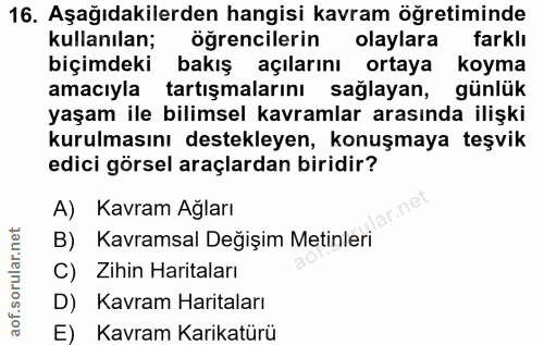 16. soru: Aşağıdakilerden hangisi kavram öğretiminde kullanılan; öğrencilerin olaylara farklı biçimdeki bakış açılarını ortaya…