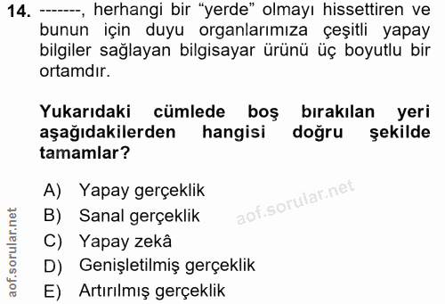 14. soru: ---, herhangi bir "yerde" olmayı hissettiren ve bunun için duyu organlarımıza çeşitli yapay bilgiler sağlayan bilgisa…