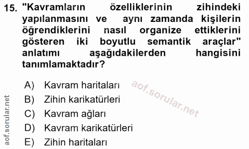 15. soru: "Kavramların özelliklerinin zihindeki yapılanmasını ve aynı zamanda kişilerin öğrendiklerini nasıl organize ettikleri…
