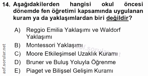14. soru: Aşağıdakilerden hangisi okul öncesi dönemde fen öğretimi kapsamında uygulanan kuram ya da yaklaşımlardan biri değildi…
