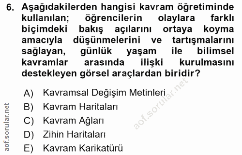 6. soru: Aşağıdakilerden hangisi kavram öğretiminde kullanılan; öğrencilerin olaylara farklı biçimdeki bakış açılarını ortaya…