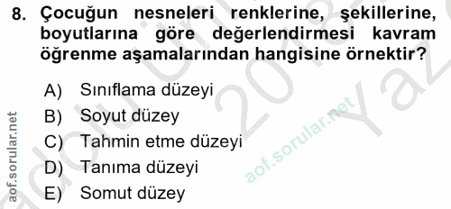 8. soru: Çocuğun nesneleri renklerine, şekillerine, boyutlarına göre değerlendirmesi kavram öğrenme aşamalarından hangisine ör…