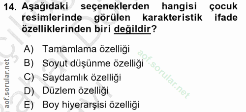 14. soru: Aşağıdaki seçeneklerden hangisi çocuk resimlerinde görülen karakteristik ifade özelliklerinden biri değildir? A) Tama…