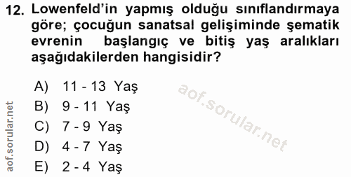 12. soru: Lowenfeld'in yapmış olduğu sınıflandırmaya göre; çocuğun sanatsal gelişiminde şematik evrenin başlangıç ve bitiş yaş…