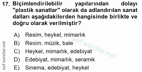 17. soru: Biçimlendirilebilir yapılarından dolayı "plastik sanatlar" olarak da adlandırılan sanat dalları aşağıdakilerden hangi…