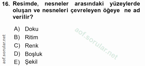16. soru: Resimde, nesneler arasındaki yüzeylerde oluşan ve nesneleri çevreleyen öğeye ne ad verilir? A) Doku B) Ritim C) Renk…