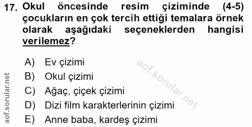 17. soru: Okul öncesinde resim çiziminde (4-5) çocukların en çok tercih ettiği temalara örnek olarak aşağıdaki seçeneklerden ha…