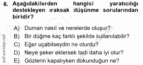 6. soru: Aşağıdakilerden hangisi yaratıcılığı destekleyen ıraksak düşünme sorularından biridir? A) Duman nasıl ve nerelerde ol…