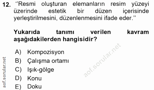 12. soru: "Resmi oluşturan elemanların resim yüzeyi üzerinde estetik bir düzen içerisinde yerleştirilmesini, düzenlenmesini ifa…