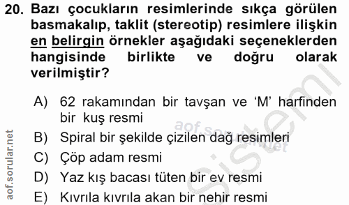 20. soru: Bazı çocukların resimlerinde sıkça görülen basmakalıp, taklit (stereotip) resimlere ilişkin en belirgin örnekler aşağ…