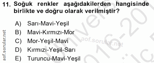 11. soru: Soğuk renkler aşağıdakilerden hangisinde birlikte ve doğru olarak verilmiştir? A) Sarı-Mavi-Yeşil B) Mavi-Kırmızı-Mor…
