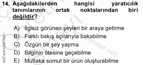 14. soru: Aşağıdakilerden hangisi yaratıcılık tanımlarının ortak noktalarından biri değildir? A) Ilgisiz görünen şeyleri bir ar…