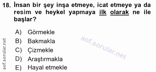 18. soru: Insan bir şey inşa etmeye, icat etmeye ya da resim ve heykel yapmaya ilk olarak ne ile başlar? A) Görmekle B) Bakmakl…