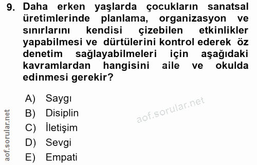 9. soru: Daha erken yaşlarda çocukların sanatsal üretimlerinde planlama, organizasyon ve sinirlarını kendisi çizebilen etkinli…