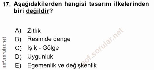 17. soru: Aşağıdakilerden hangisi tasarım ilkelerinden biri değildir? A) Zıtlık B) Resimde denge C) Işık - Gölge D) Uygunluk E)…