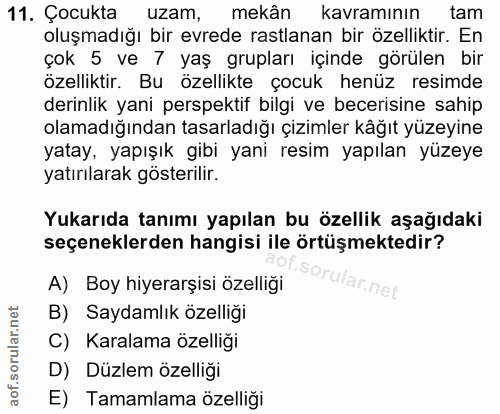 11. soru: Çocukta uzam, mekân kavramının tam oluşmadığı bir evrede rastlanan bir özelliktir. En çok 5 ve 7 yaş grupları içinde…