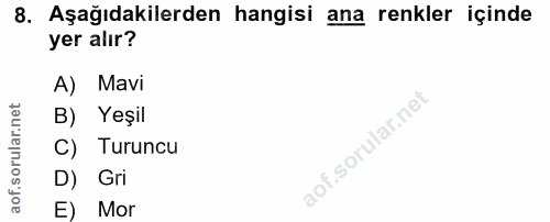 8. soru: Aşağıdakilerden hangisi ana renkler içinde yer alır? A) Mavi B) Yeşil C) Turuncu D) Gri E) Mor