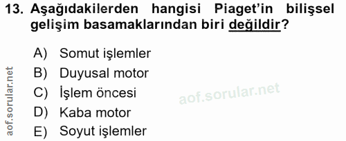 13. soru: Aşağıdakilerden hangisi Piaget'in bilişsel gelişim basamaklarından biri değildir? A) Somut işlemler B) Duyusal motor…