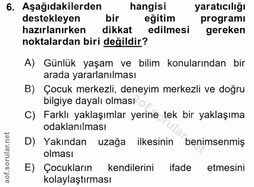 6. soru: Aşağıdakilerden hangisi yaratıcılığı destekleyen bir egitim programi hazırlanırken dikkat edilmesi gereken noktalarda…