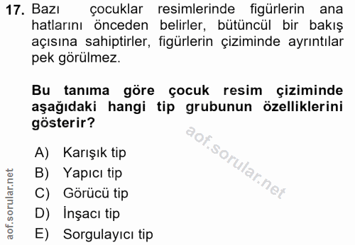 17. soru: Bazı çocuklar resimlerinde figürlerin ana hatlarını önceden belirler, bütüncül bir bakış açısına sahiptirler, figürle…