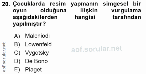 20. soru: Çocuklarda resim yapmanın simgesel bir olduğuna ilişkin vurgulama hangisi tarafından A) Malchiodi net B) Lowenfeld ar…