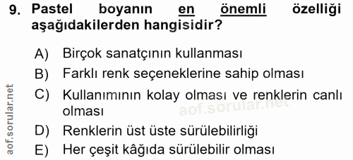 9. soru: Pastel boyanın en önemli özelliği aşağıdakilerden hangisidir? A) Birçok sanatçının kullanması B) Farklı renk seçenekl…