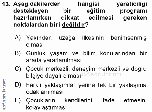 13. soru: Aşağıdakilerden hangisi yaratıcılığı destekleyen bir egitim programı hazırlanırken dikkat edilmesi gereken noktalarda…