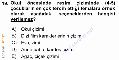 19. soru: Okul öncesinde resim çiziminde (4-5) çocukların en çok tercih ettiği temalara örnek olarak aşağıdaki seçeneklerden ha…