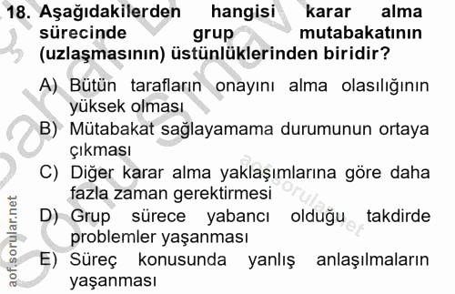 18. soru: Aşağıdakilerden hangisi karar alma sürecinde grup mutabakatının (uzlaşmasının) üstünlüklerinden biridir? A) Bütün tar…