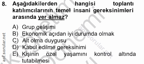 8. soru: Aşağıdakilerden hangisi toplantı katılımcılarının temel insani gereksinimleri arasında yer almaz? A) Grup gelişimi B)…