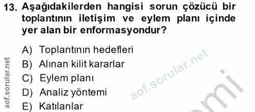 13. soru: Aşağıdakilerden hangisi sorun çözücü bir toplantının iletişim ve eylem planı içinde yer alan bir enformasyondur? A) T…