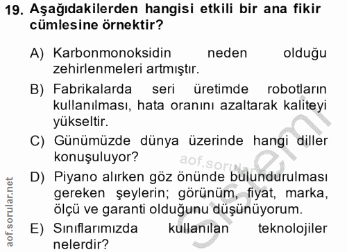19. soru: Aşağıdakilerden hangisi etkili bir ana fikir cümlesine örnektir? A) Karbonmonoksidin neden olduğu zehirlenmeleri artm…