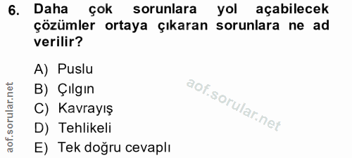 6. soru: Daha çok sorunlara yol açabilecek çözümler ortaya çıkaran sorunlara ne ad verilir? A) Puslu ar.net B) Çılgın orul C)…