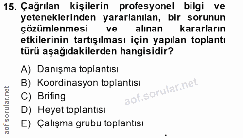 15. soru: Çağrılan kişilerin profesyonel bilgi ve yeteneklerinden yararlanılan, bir sorunun çözümlenmesi ve alınan kararların e…
