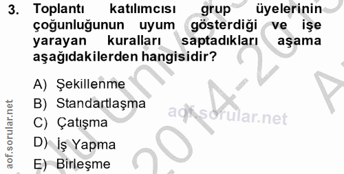 3. soru: Toplantı katılımcısı grup üyelerinin çoğunluğunun uyum gösterdiği ve işe yarayan kuralları saptadıkları aşama aşağıda…