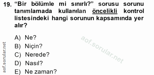 19. soru: "Bir bölümle mi sınırlı?" sorusu sorunu tanımlamada kullanılan öncelikli kontrol listesindeki hangi sorunun kapsamınd…