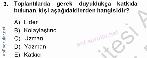 3. soru: Toplantılarda gerek duyuldukça katkıda bulunan kişi aşağıdakilerden hangisidir? A) Lider B) Kolaylaştırıcı C) Uzman D…