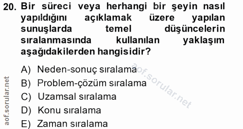 20. soru: Bir süreci veya herhangi bir şeyin nasıl yapıldığını açıklamak üzere yapilan sunuşlarda temel düşüncelerin sıralanmas…