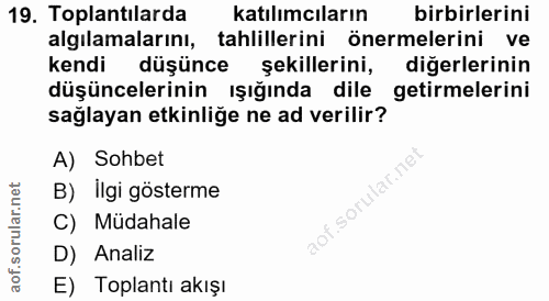 19. soru: Toplantılarda katılımcıların birbirlerini algılamalarını, tahlillerini önermelerini ve kendi düşünce şekillerini, diğ…