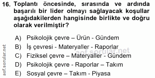 16. soru: Toplantı öncesinde, sirasında ve ardında başarılı bir lider olmayı sağlayacak koşullar aşağıdakilerden hangisinde bir…
