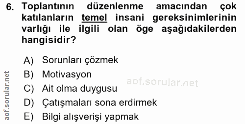 6. soru: Toplantinın düzenlenme amacindan çok katılanların temel insani gereksinimlerinin varlığı ile ilgili olan öge aşağıdak…