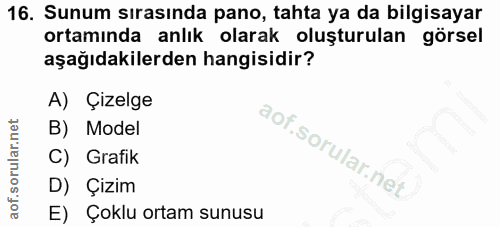 16. soru: Sunum sırasında pano, tahta ya da bilgisayar ortamında anlık olarak oluşturulan görsel aşağıdakilerden hangisidir? A)…