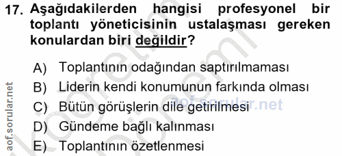 17. soru: Aşağıdakilerden hangisi profesyonel bir toplantı yöneticisinin ustalaşması gereken konulardan biri değildir? A) Topla…